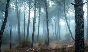 une brumeux Matin dans le pin forêt, la nature Contexte photo