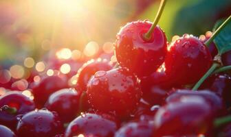 fermer de une grappe de mûr cerises brillant dans le lumière du soleil photo