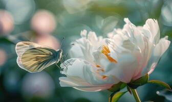 fermer de une pivoine fleur avec une papillon repos sur ses pétales photo