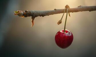 fermer de une Célibataire mûr Cerise pendaison de une arbre branche photo