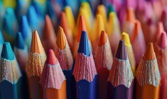 fermer de une bouquet de coloré des crayons, abstrait Contexte avec coloré des crayons macro vue photo