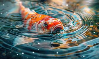 fermer de une magnifique koi poisson en hausse à le surface de le l'eau photo