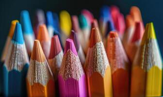 fermer de aiguisé coloré des crayons dans une titulaire photo