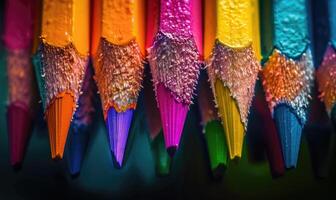 fermer de aiguisé coloré des crayons dans une titulaire photo