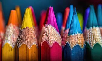 fermer de aiguisé coloré des crayons dans une titulaire photo