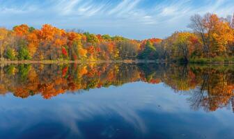 l'automne feuillage réfléchi dans le calme des eaux de le lac, la nature Contexte photo