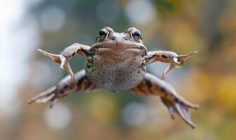 fermer de rana arvalis dans mi-saut photo