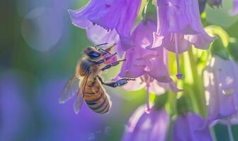 abeille collecte nectar de une campanule, fermer voir, sélectif concentrer photo