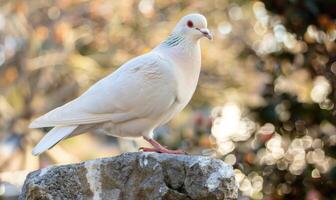 fermer de une majestueux blanc Pigeon perché sur une pierre rebord photo