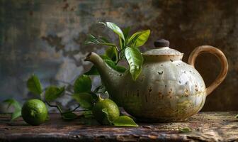 bergamote thé feuilles dans une céramique théière, céramique théière, bergamote feuilles et Frais citron vert encore la vie photo