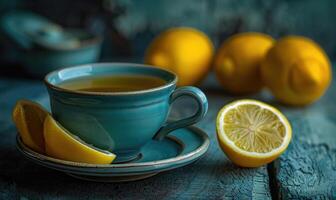 noir thé avec citron dans bleu céramique tasse à thé photo