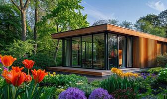 une contemporain en bois cabine avec grand les fenêtres surplombant une serein printemps jardin rempli avec vibrant fleurs et luxuriant végétation photo