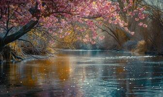 Cerise fleurs garniture le banques de une doux printemps rivière photo