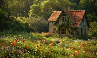 une charmant chalet niché au milieu de une champ de printemps fleurs sauvages photo