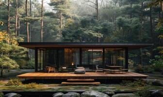 une lisse en bois cabine avec une enrouler autour plate-forme dans pin forêt photo