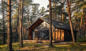 une moderne en bois cabine niché parmi grand pin des arbres dans le forêt photo