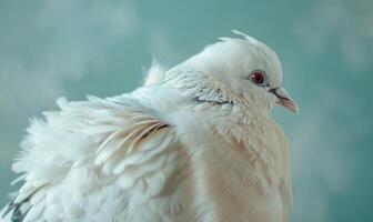 blanc Pigeon avec doux duveteux plumes capturé dans une fermer portrait photo