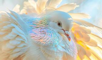 blanc Pigeon avec iridescent plumes capturé dans une fermer vue en dessous de le lumière du soleil photo