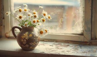 marguerites dans une ancien vase sur une rebord de fenêtre photo