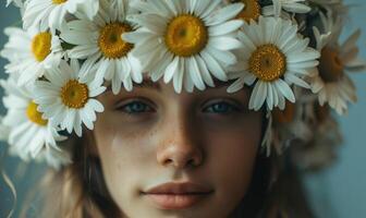 marguerites arrangé dans une floral couronne, Jeune femme dans floral couronne, la nature beauté photo