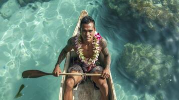 ai généré une pacifique insulaire homme avec tatouages et une fleur guirlande est navigation une canoë dans le clair des eaux de Fidji photo