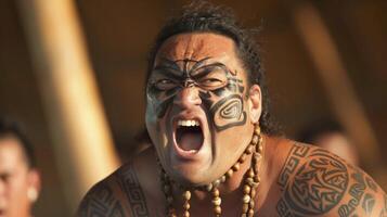 ai généré une maori homme avec traditionnel faciale tatouages est performant une haka dans une marae dans Nouveau zélande photo