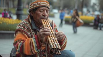 ai généré une Sud américain rue artiste est en jouant le la poêle flûte dans une carré dans Lima, Pérou photo