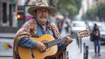 ai généré une âge moyen homme de Sud Amérique, avec une poncho et une sombrero, est en jouant une guitare sur une rue dans Mexique ville photo