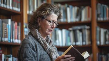 ai généré une âge moyen femme de Océanie, avec une réfléchi expression et une livre, est en train de lire dans une bibliothèque dans Wellington, Nouveau zélande photo