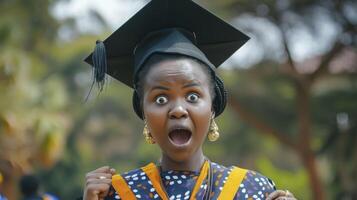 ai généré une Jeune africain femme, avec une Regardez de surprise et une l'obtention du diplôme casquette, est célébrer sa l'obtention du diplôme dans une Université dans Nairobi, Kenya photo