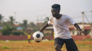 ai généré une Jeune africain homme, avec une Regardez de détermination et une football balle, est pratiquant le sien coups sur une champ dans Accra, Ghana photo