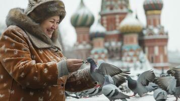 ai généré une russe femme dans sa 50 ans, avec une fourrure chapeau et une chaud manteau, est alimentation pigeons dans rouge carré, Moscou photo