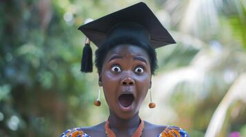 ai généré une Jeune africain femme, avec une Regardez de surprise et une l'obtention du diplôme casquette, est célébrer sa l'obtention du diplôme dans une Université dans Nairobi, Kenya photo