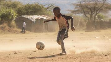 ai généré une Jeune africain garçon est en jouant Football sur une poussiéreux champ dans une petit village dans Kenya photo