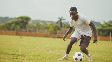 ai généré une Jeune africain homme, avec une Regardez de détermination et une football balle, est pratiquant le sien coups sur une champ dans Accra, Ghana photo