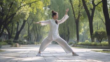 ai généré une Jeune est asiatique femme est pratiquant tai chi dans une paisible parc dans Pékin photo