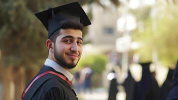 ai généré une Jeune homme de le milieu est, avec une fier expression et une diplôme, est graduation de Université dans Amman, Jordan photo