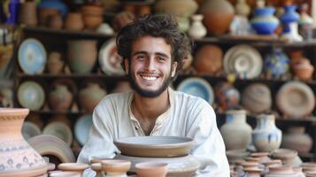 ai généré une Jeune homme de le milieu est, avec une fier expression et une pièce de poterie, est mettant en valeur le sien travail dans une marché dans marrakech, Maroc photo