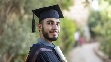 ai généré une Jeune homme de le milieu est, avec une fier expression et une diplôme, est graduation de Université dans Amman, Jordan photo
