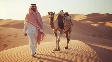 ai généré une Jeune homme de le milieu est, avec une keffieh et une chameau, est traversée une désert dans saoudien Saoudite photo
