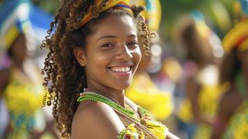 ai généré une Jeune femme de le Caraïbes, avec frisé cheveux et une coloré robe, est dansant à une carnaval dans Trinidad photo