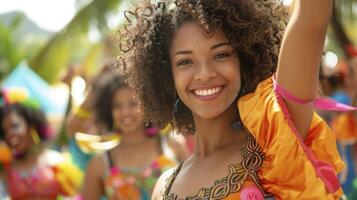 ai généré une Jeune femme de le Caraïbes, avec frisé cheveux et une coloré robe, est dansant à une carnaval dans Trinidad photo