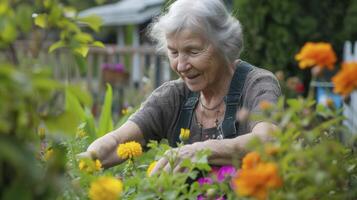 ai généré un personnes âgées femme de Nord Amérique, avec une joyeux expression et une jardin, est tendre à sa fleurs dans sa arrière-cour dans Vancouver, Canada photo