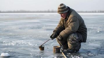 ai généré un personnes âgées homme de est L'Europe , avec une ouchanka et une pêche canne à pêche, est la glace pêche sur une congelé Lac dans Sibérie, Russie photo