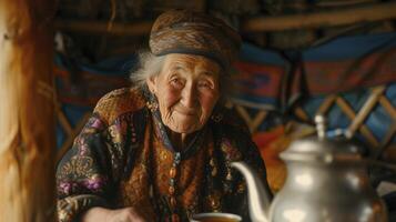 ai généré un personnes âgées femme de central Asie, avec une contenu expression et une pot de thé, est portion traditionnel thé dans une yourte dans Mongolie photo