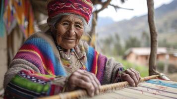 ai généré un personnes âgées femme de Sud Amérique, avec une contenu expression et une métier à tisser, est tissage une traditionnel tapisserie dans une village dans Pérou photo