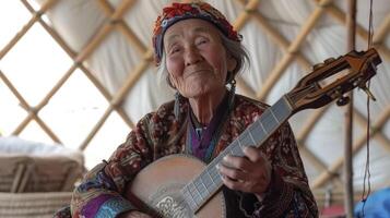 ai généré un personnes âgées femme de central Asie, avec une contenu expression et une traditionnel instrument, est en jouant la musique dans une yourte dans Kirghizistan photo