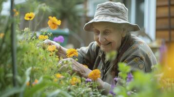 ai généré un personnes âgées femme de Nord Amérique, avec une joyeux expression et une jardin, est tendre à sa fleurs dans sa arrière-cour dans Vancouver, Canada photo