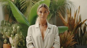 ai généré femme dans gris costume séance dans de face de une Accueil jardin photo