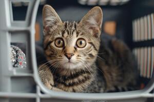 ai généré mignonne tigré chat séance dans animal de compagnie transporteur boîte. ai généré photo